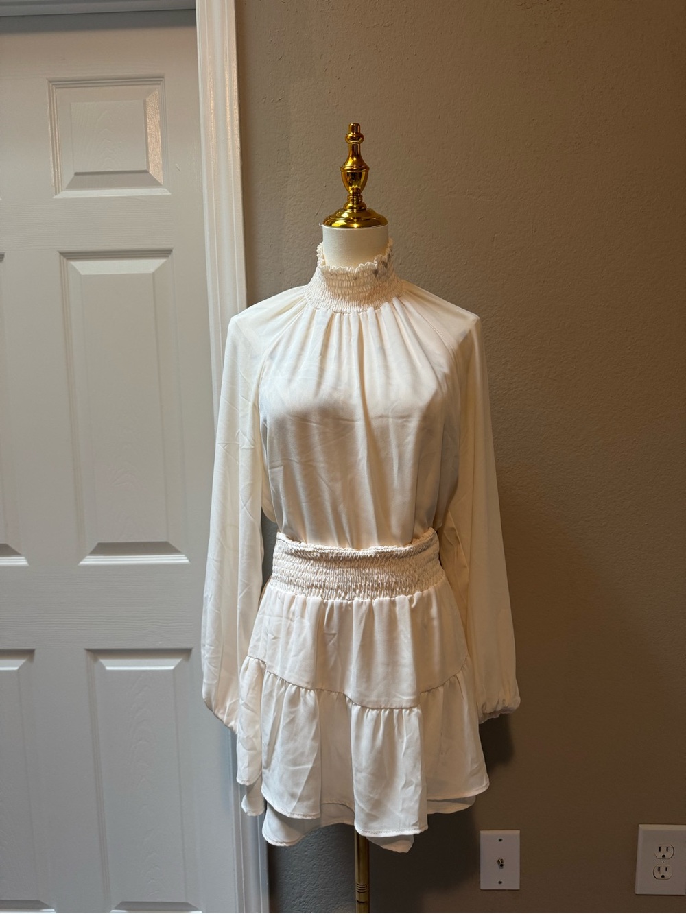 Revolve. High-Neck Long Sleeve White Smocked Waist Dress